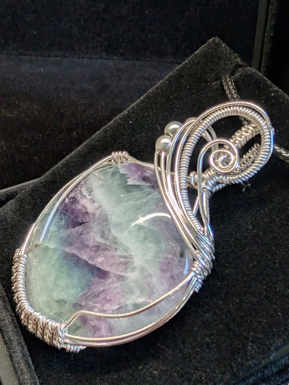 Silver-Plated Fluorite Pendant | Wire Wrapped | Purple Green | Handmade - Picture 7 of 9